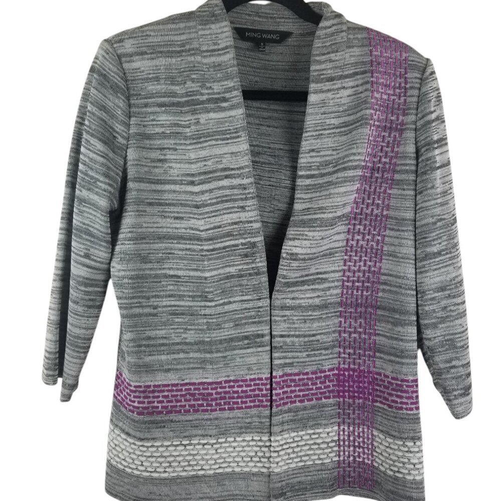 Ming Wang Women's Heather Grey Fushia Pink White Cardigan Sz S